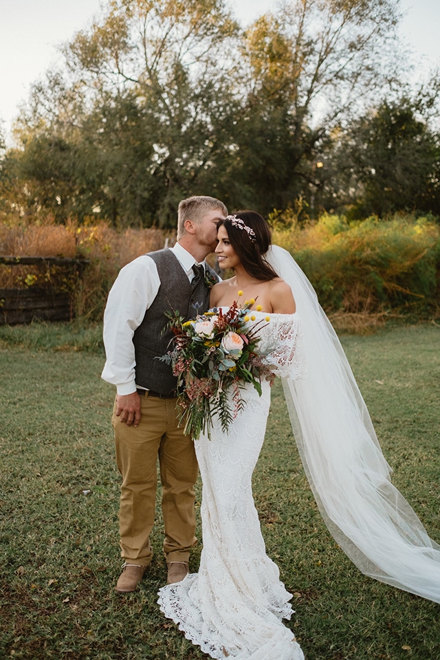 Real Bohemian Bride in Daughters of Simone off the shoulder gown | Bohemian Wedding | www.loveandlacebridalsalon.com.blog