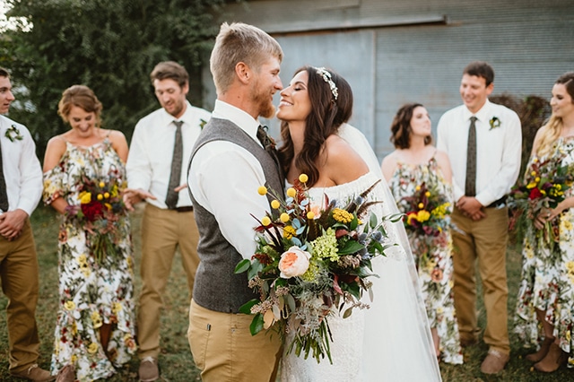 Real Bohemian Bride in Daughters of Simone off the shoulder gown | Bohemian Wedding | www.loveandlacebridalsalon.com.blog