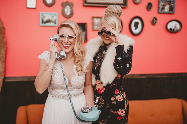 Coolest bride and photographer Dana Grant in custom Divine Atelier | Found at Love and Lace Bridal Salon | Featured on Green Wedding Shoes - www.loveandlacebridalsalon.com/blog | cool bride, Wes Anderson inspired, desert wedding, retro wedding