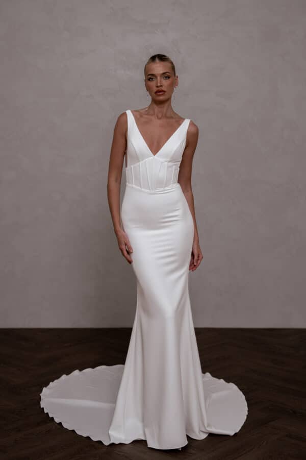 Bride wearing the Frances Crepe gown from Made With Love