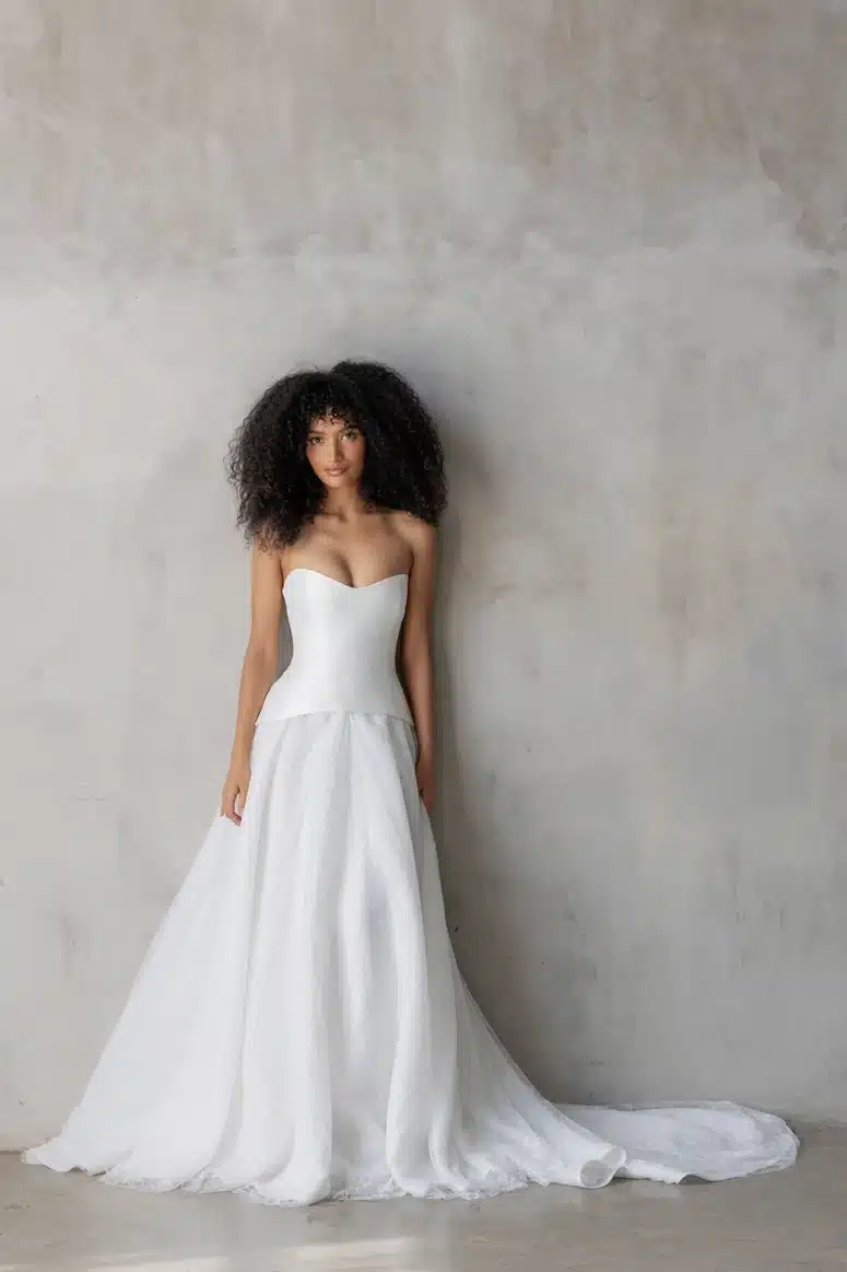 Sofia wedding gown by Alyssa Kristin Bridal - romantic two-piece design with structured Mikado bodice and flowing lace organza skirt - modern bridal wedding dress at Love and Lace Bridal Orange County.